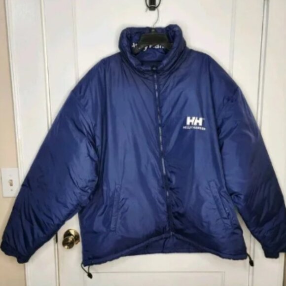 Men's Vintage Helly Hansen Reversible Down Puffer Jacket Size XXL Blue Logo - Picture 1 of 9
